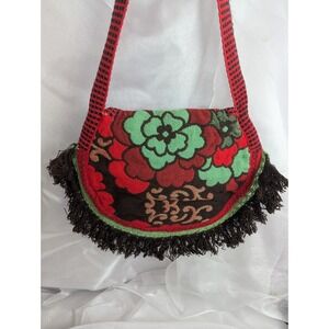 Vintage Handmade Boho Fringe Tapestry Purse‎ Green Red Brown
